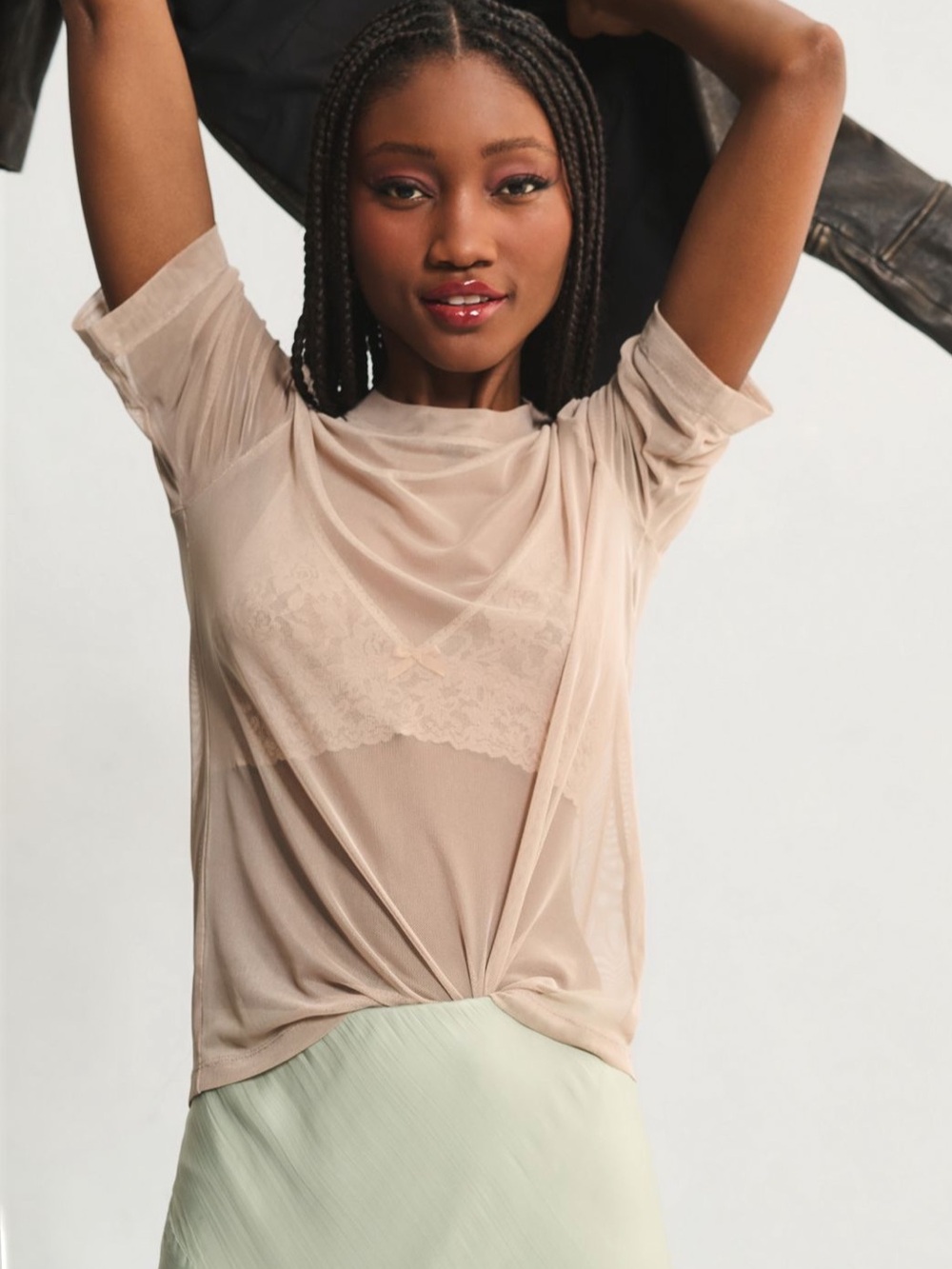 Porridge Mesh Short Sleeve Top Beige - Picture 2 of 5
